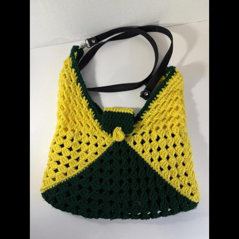 Hand Crocheted Grannycore Bag Purse Lined Green‎ Greenbay Packers Oregon Ducks
